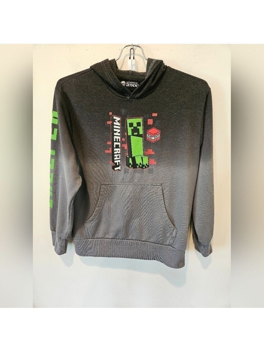 JINX TEEN BOY'S MINECRAFT CREEPER GREY OMBRE HOODED PULLOVER SWEATSHIRT SIZE S